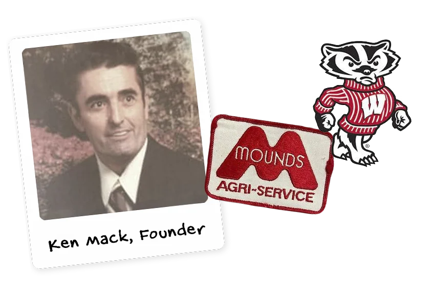 photo of Ken Mack, mounds agri-service patch, and bucky the badger