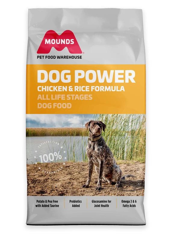 mounds dog power chicken and rice formula food bag