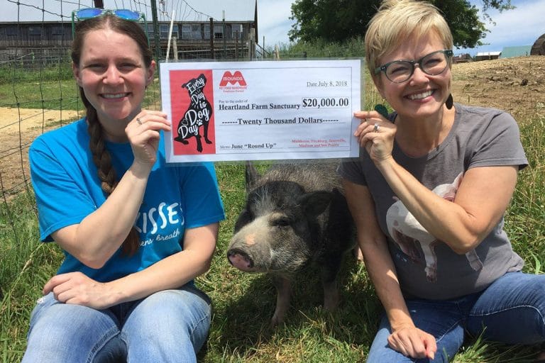 two women with a pig and donation check